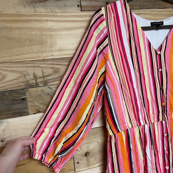 Lane Bryan size 16 Multi Colorful Striped V-neck Long Balloon Sleeve Maxi Dress - Picture 3 of 7